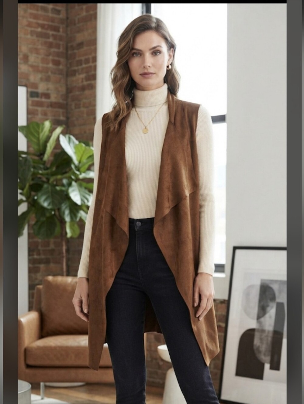 Moon Collection Brown Suede Sleeveless Drape Vest